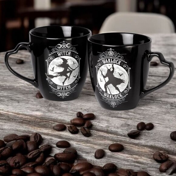 Alchemy ✦ Witch & Warlock Mug Set ✦ Black Fine Bone China w/ Matching Coasters - Picture 7 of 10